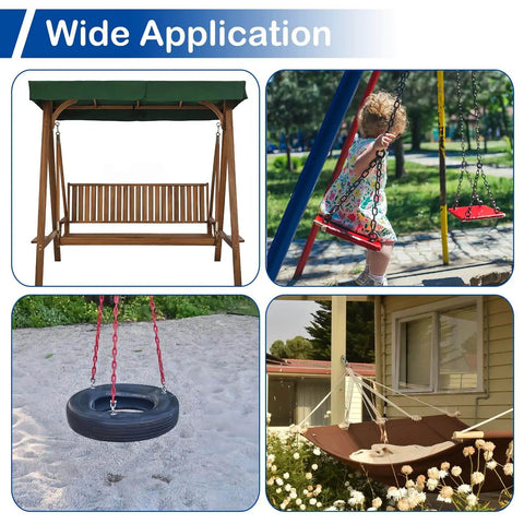 Composite image showing diverse outdoor seating including a patio swing, child on a playground swing, tire swing, and hammock.