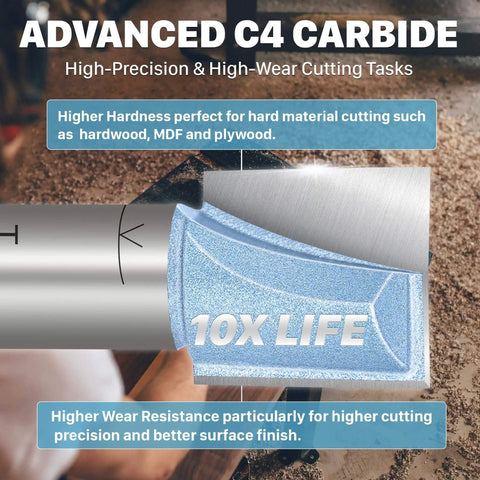 Close-up of bottom cleaning router bit with tungsten carbide tip showing 10X life durability for woodworking tasks.