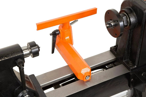 Powerful Benchtop Wood Lathe With 4.5 Amp Motor And 12 By 18 Inch Capacity Five Speed Settings Up To 3400 RPM Includes Three And One Eighth Inch Faceplate For Bowls And Cups MT2 Tapers Ideal For Hobbyists And Makers Wen close-up of tool rest and headstock