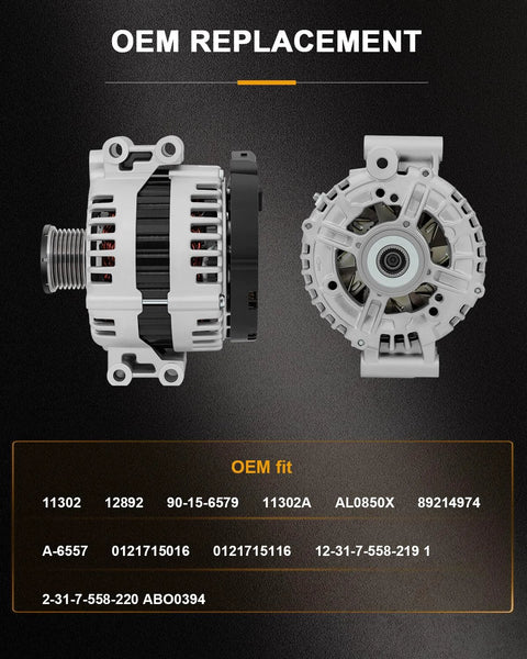 Beefed-Up 180 Amp Alternator Replacement For 135i, 335d, 335i, 335xi, 535i with 7-Groove Clutch Pulley, side and front view