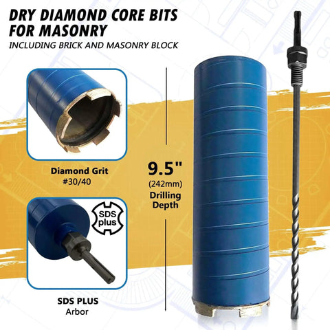 Heavy Duty Workhorse 3 Inch Diamond Dry Core Bit For Brick And Block With SDS Plus Pilot Bit Adapter Nine And A Half Inch Drilling Depth Wet Or Dry Masonry Cutter Long Life Core Bit With Grit 30 To 40 For Efficient Masonry Drilling, showing 9.5 inch depth and SDS Plus arbor adapter