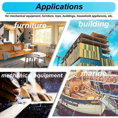 Collage showing applications of M4 Button Head Hex Socket Cap Screws Kit in furniture, building, mechanical equipment, and marine.