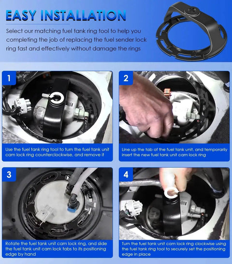 Installation steps of Direct Replacement Fuel Pump Lock Ring For Buick Cadillac Chevrolet Dodge Ford GMC Hummer Isuzu Jeep Lincoln Mazda Pontiac Ram Saab Saturn Suzuki Volkswagen GM Fits OEM Specs, No Fuss Install, Universal Lock Ring Clip
