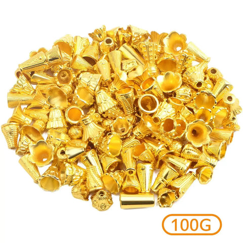 Bright Golden Mixed Flower Spacer Bead Caps Set Alloy Cone Bead Caps Jewelry Findings for DIY Crafts, 100 Gram Pack, 110-150 Pieces