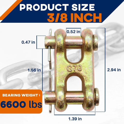 Detailed diagram of 3/8 Inch Twin Clevis Links Pack Of 4 Alloy Steel Chain Repair Links For Safety Chains With 6600 Lb Working Load.