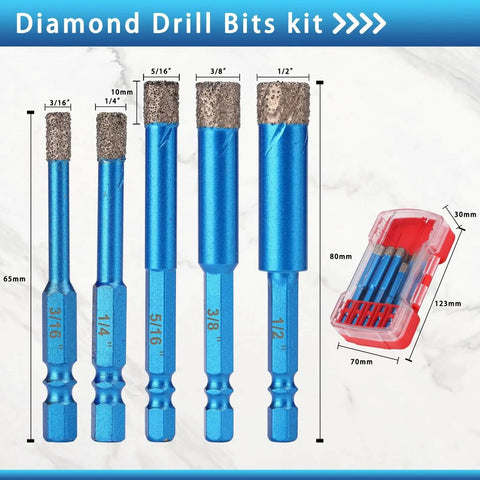 Diamond Drill Bits Set 10 Piece Diamond Hole Saw Kit with One Quarter Inch Quick Change Hex Shank for various surfaces.