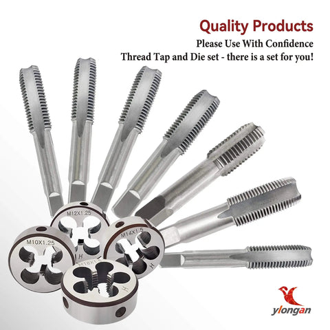 Array of tap and die tools in different sizes, including M14x1.5 Tap and Die Set for Metalworking, Right Hand Metric Thread Kit in High Speed Steel