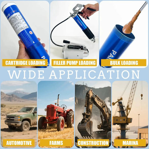 All In One Built Tough Heavy Duty 8000 PSI Pistol Grip Grease Gun Kit with 14 oz Cartridge showing applications in automotive, farms, construction, and marina.