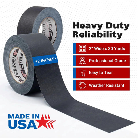 Front view of Professional Gaffer Tape 2 Inch By 30 Yard Non Reflective Heavy Duty Black with roll and material detail.