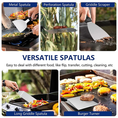 Various spatulas from the All In One Griddle Accessories Kit For Outdoor BBQ Cooking With Smash Burger Press And Stainless Steel Spatulas For Blackstone Joyfair Flattop Griddle 18 Piece Set With Carrying Bag Basting Cover And More