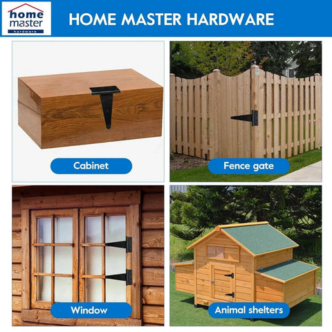 Composite image of 6 Inch T Strap Heavy Duty Shed Door Hinges used on a wooden cabinet, fence gate, window, and animal shelter