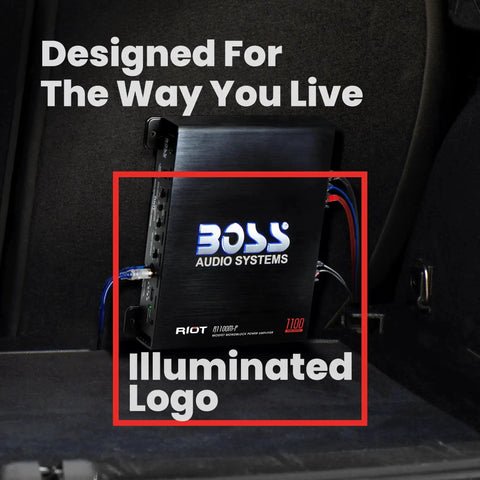 R1100M Monoblock Car Amplifier with 1100 Max Watts at 2 Ohms, shown installed with illuminated logo.