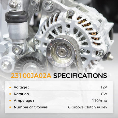 New 12V 120Amp Alternator Fits 2007 2010 Nissan Altima 2.5L, 2010 2013 Rogue, 2014 2015 Rogue Select, and 2007 2012 Sentra Replacement With 6 Groove Clutch Pulley For Reliable Power, Plug And Play Install, And Long Lasting Electrical Performance shown with specifications