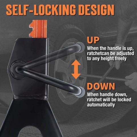3 Ton Heavy Duty Jack Stands With Self Locking Ratchet, 13.39 To 21.06 Inches, close-up showing self-locking feature.