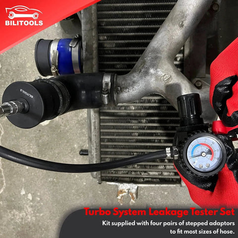 Turbo System Leakage Tester Kit for Turbocharger and Boost Lines Nine Piece Set With Low Pressure Shop Air in use on pipes