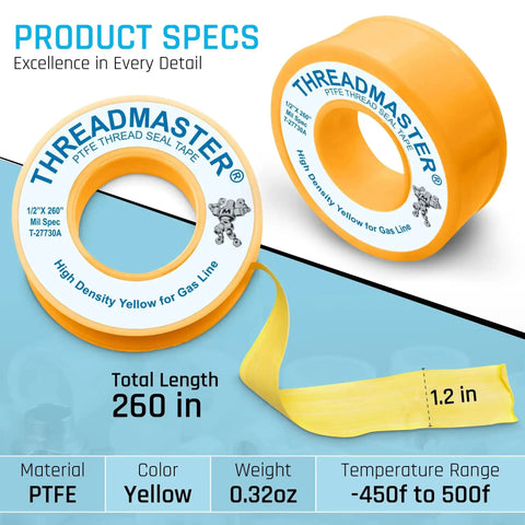 Yellow Gas Teflon Tape For Pipe Threads, 260 Inch Length, One Half Inch Width, Propane And Natural Gas Sealant, Pack Of 2
