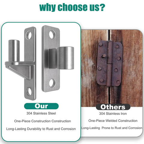 Comparison of heavy duty gate hinges 304 stainless steel one piece five eighth inch pin and rusted hinge on wooden fence