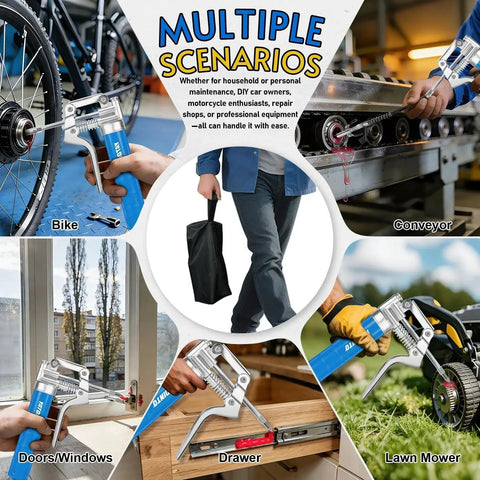All-In-One Mini Grease Gun Kit With 3oz Cartridges, 12-Inch Hose, 3000 PSI Leak-Proof in various usage scenarios like bike and lawn mower.