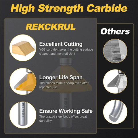 Image showing features of 45 Degree Chamfer Router Bit With Bearing, Half Inch Shank, Three Quarter Inch Cutting Length, Carbide Tipped Woodworking Bit For Precise Edge Trimming And Smooth Finishes, Anti Kickback Safety Design For Quieter Safer Cuts, highlighting excellent cutting, longer lifespan, and safety.