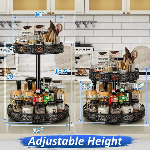 Two Tier Lazy Susan Organizer Turntable Spice Rack 12 Inch Adjustable Metal Rotating Handy Space Saving Storage For Cabinet Pantry Kitchen Countertop Dining Table Cupboard Bathroom Vanity Black, in kitchen setting showcasing adjustable height with various spices and utensils.