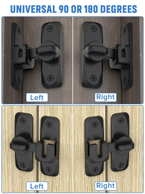 90/180 Degree Flip Barn Door Lock Set For Privacy - 2 Pack Sliding Door Latch Hardware in Black, wall mounted view.