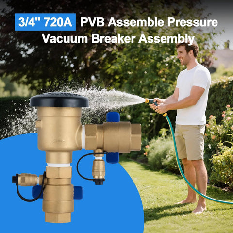 Brass 3/4 in PVB irrigation backflow preventer with black cap and blue shutoff handles on an outdoor water line.