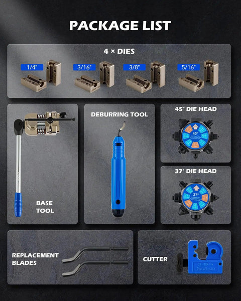 Brake Line Flare Tool Kit Dual Die Heads 3/16 To 3/8 Inch 37 And 45 Degrees with tools and dies displayed