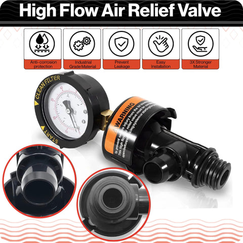 Swimables air relief valve for Pentair pool filters, black plastic valve with pressure gauge and threaded hose fitting
