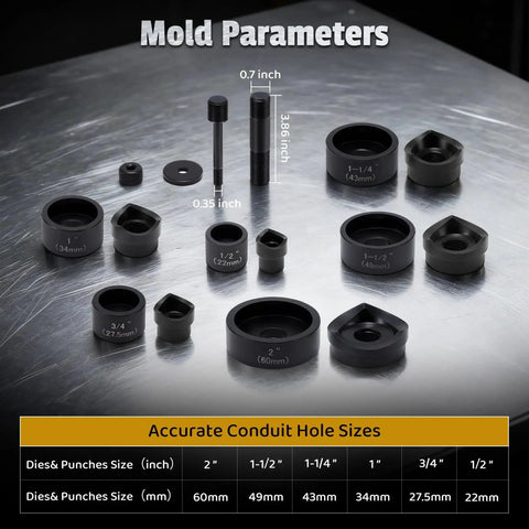 Hydraulic Knockout Punch Kit For Half Inch To Two Inch Conduit Holes, Six Dies Display with Size Chart