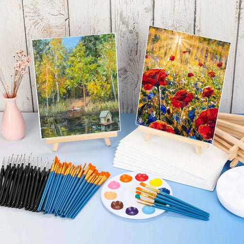 160 Piece Canvas With Easel Painting Kit Including Wooden Easel Blank Canvases 100 Brush Set And 30 Detail Liners displayed