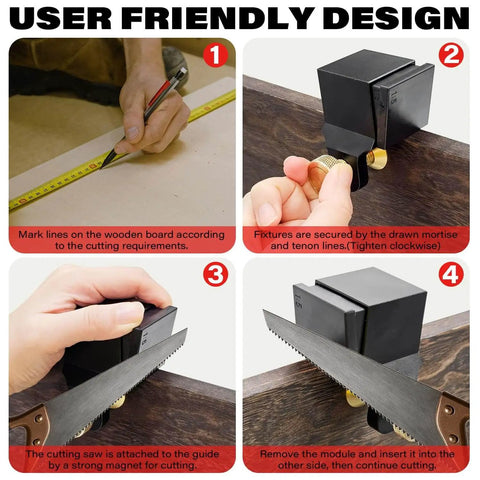 Steps to use Dovetail Jig Guide With Eight Magnetic Modules Pro Grade For Woodworking Precision Layout And Marking shown on wood.