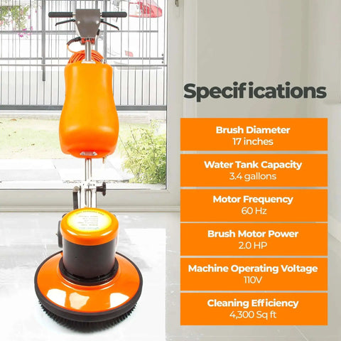 17 Inch Commercial Floor Buffer Scrubber Polisher Machine With 2.0 HP Motor, 175 RPM Low Speed, 3.4 Gallon Tank in orange color