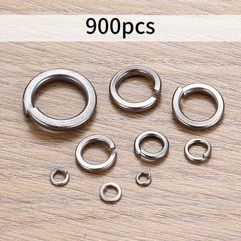 Stainless steel split lock washer set, 900 pcs, assorted sizes 1/8–1/2 in