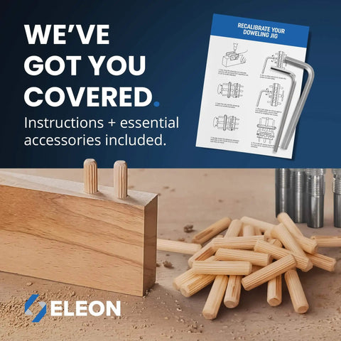 Self Centering Dowel Jig With Elongated Jaws And Extra Wide Clamp For Fast Accurate Woodworking The Setup Is A Breeze With This Durable Aluminum Alloy Drill Guide In A Bold Blue Finish Built For Lasting Craftsmanship And Easy DIY Projects shown with dowels and instructions