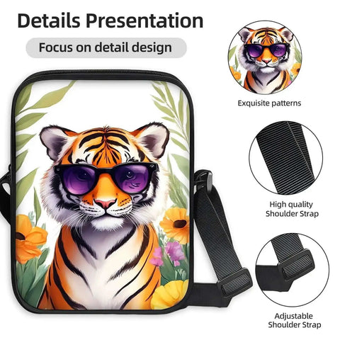 Hands Free Crossbody Sling Bag For Women And Men Ultra Lightweight Everyday Chest Pack With Adjustable Strap And Zipper Small Messenger Style Bag For Travel Work And Daily Use Tiger Print With Sunglasses