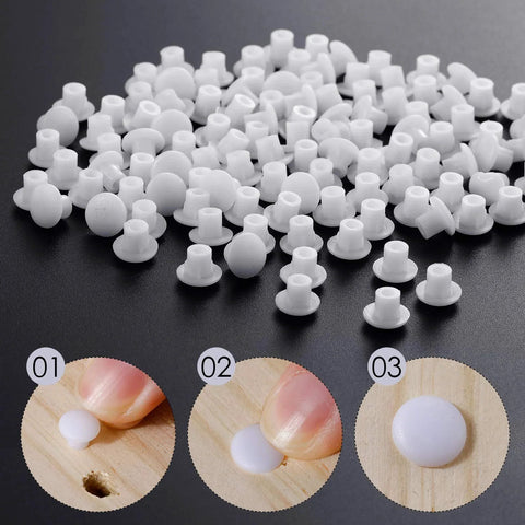 Three Sixteenth Inch Plastic Hole Plugs For Round Holes, 300 pack shown with installation process and seamless finish detail