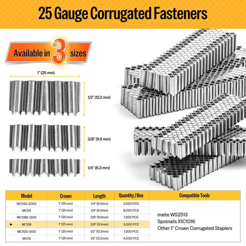 Corrugated W Shape Fasteners Staples 25 Gauge 1 Inch Crown 3 Eighths Inch Length Bright Finish 5000 Count Case for Woodworking