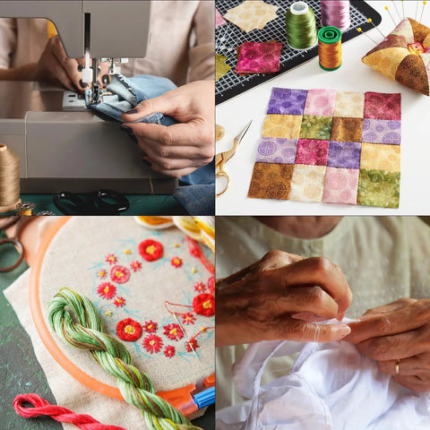 Collage of sewing scenes with hands using a sewing machine, colorful threads, embroidered fabric, and hand threading a needle.