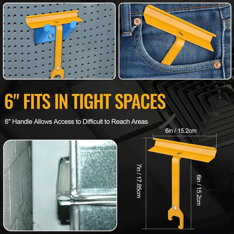 6 Inch Magnetic Cleat Tool for HVAC Ductwork TDC TDF Clips, Pro Grade Yellow Tool Fits Tight Spaces, Displayed with Measurements