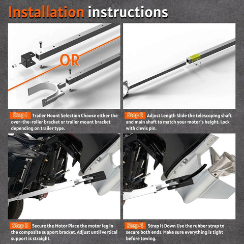 Installation instructions for Adjustable Transom Saver From 23 To 35 Inches For Boat Motor Support with brackets and motor.