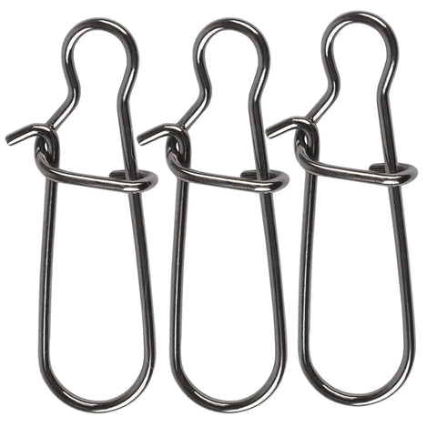 Three steel duo lock snaps from the Duo Lock Snaps Fishing Kit, 100 Count Per Size, Includes Sizes 0 Through 8 From 26Lb To 220Lb Test.