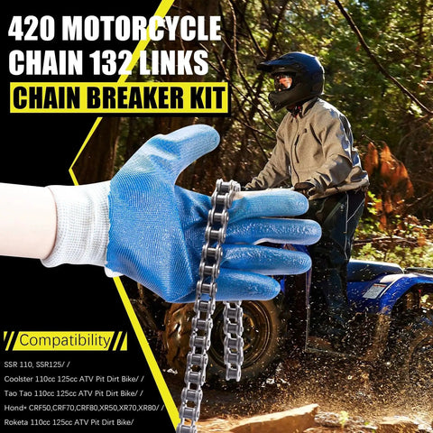 Heavy Duty 420 Motorcycle Chain 132 Links With Chain Breaker Kit held by gloved hand next to ATV in forest
