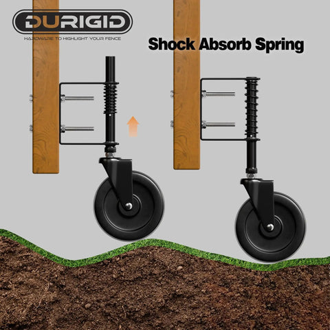 Side view of 5 Inch Spring Loaded Gate Wheel Caster For Outdoor Gates And Fences, 200 Lbs Capacity, with shock absorbing spring installed on wooden gates.