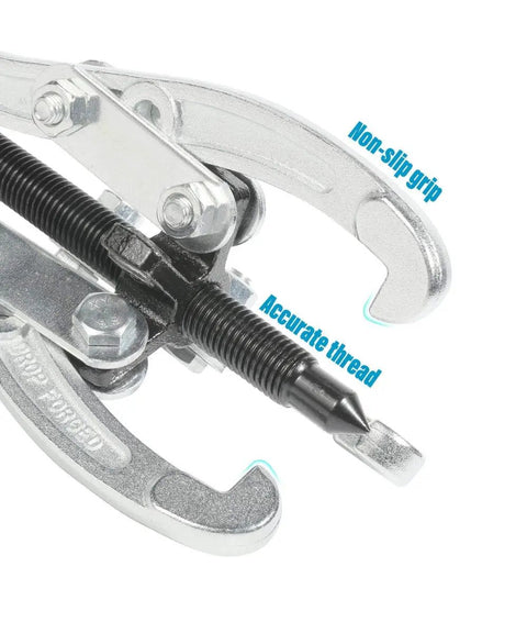 Close-up of Beefy Heavy Duty Gear Puller Set with 3 jaw pullers and non-slip grips, showcasing durable carbon steel construction.