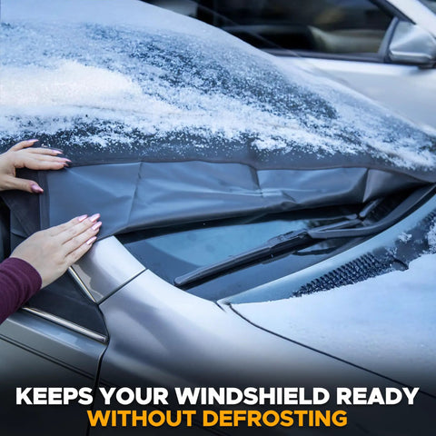 Windshield Cover For Ice And Snow Universal Fit For Car SUV And Truck Heavy Duty 600D Oxford Fabric Frost Protector With Anti Theft Straps Medium 69 By 42 Inches Keeps Windshield Clear installed on a car windshield.