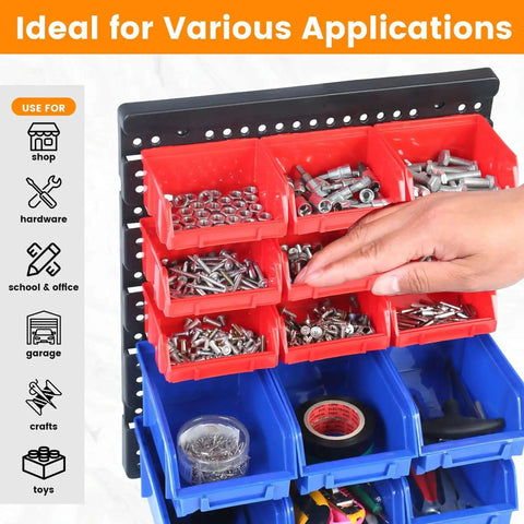 All In One Wall Mount Storage Rack With 30 Bin Heavy Duty Organizer For Nuts Bolts Screws Nails Beads Buttons And Small Parts For Garage Home And Workshop Blue And Red Bins with visible nuts and bolts in bins