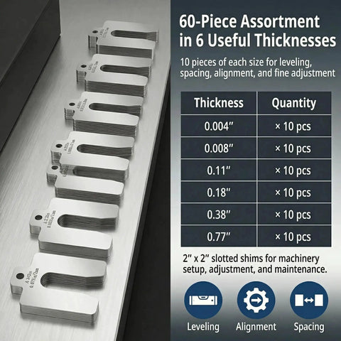 Stainless Steel Shim Kit Set For DIY Pros, 60 Slotted 2x2 Shims, 6 Thicknesses For Machine Leveling, Motor Alignment, And Equipment Adjustment