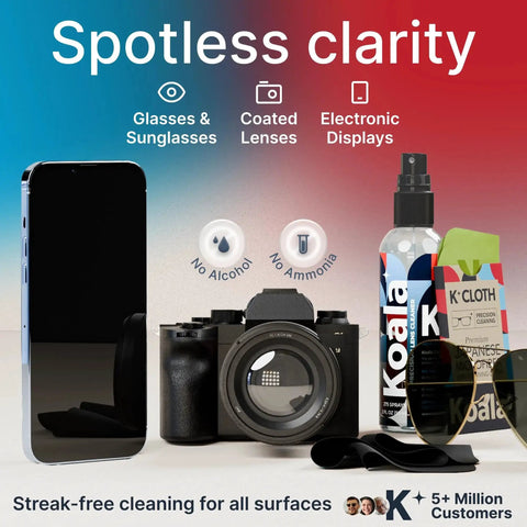 Glasses Cleaner Kit With Alcohol-Free Spray Two Bottles And Microfiber Cloths alongside phone, camera, and sunglasses