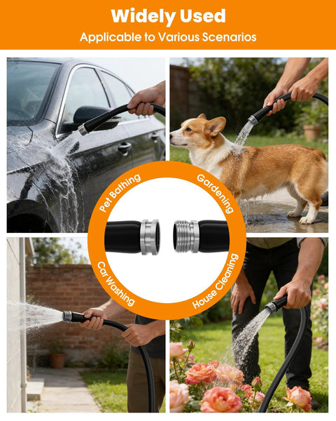 100 ft garden hose, non-expanding black hose with metal fittings, for car washing, pet bathing, gardening, and cleaning