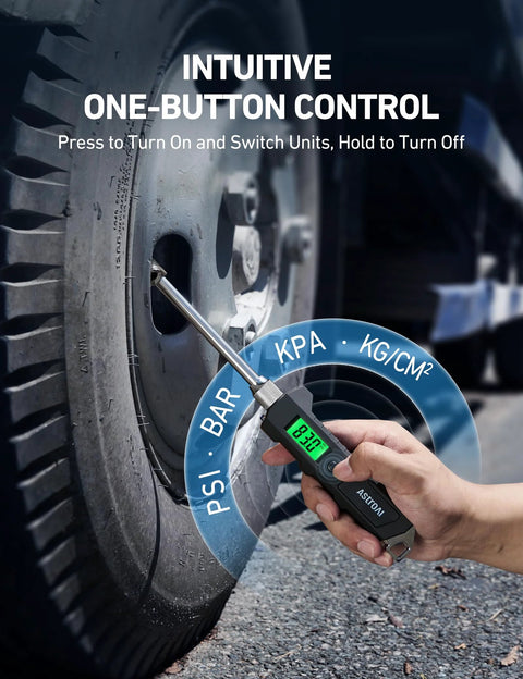 AstroAI digital tire pressure gauge with backlit LCD and stainless steel probe for 0-230 PSI